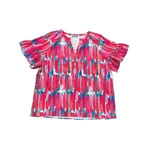 One Eleven North Womens XL Abstract Brushstroke Ruffle Sleeve Henley Blouse Pink